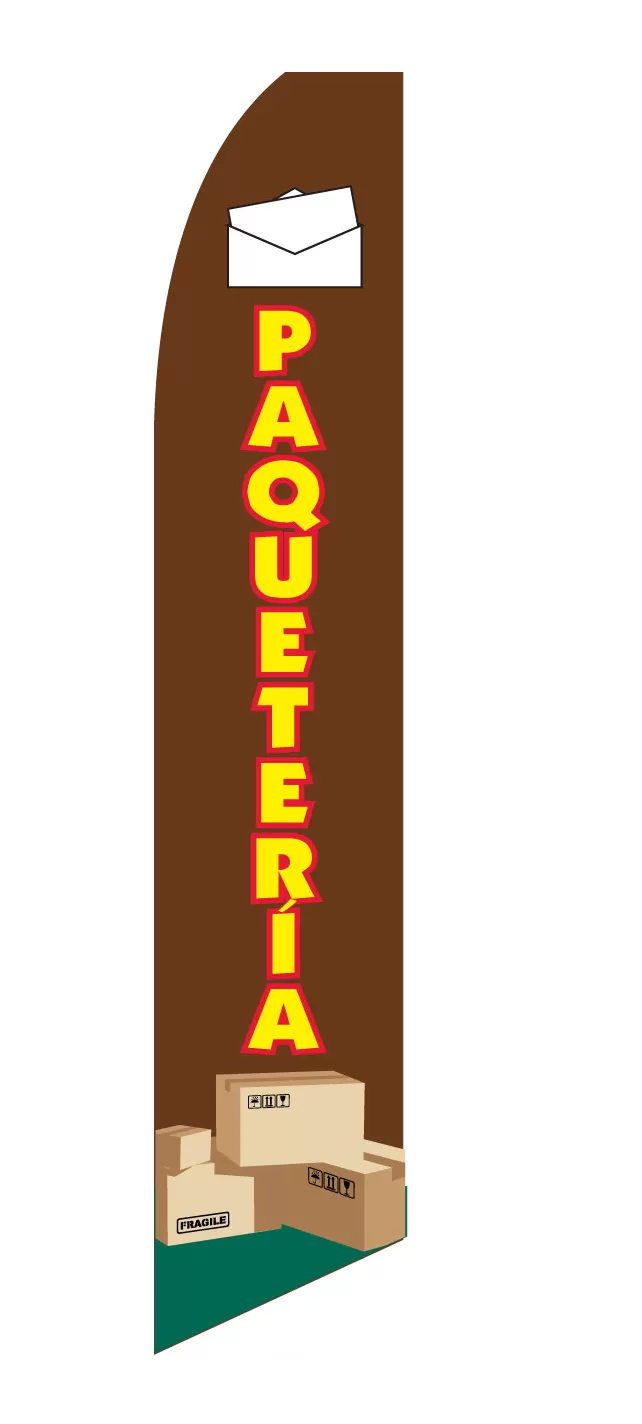 Brown and green Paqueteria flag with yellow lettering, an envelope and package graphics, design SF-2249