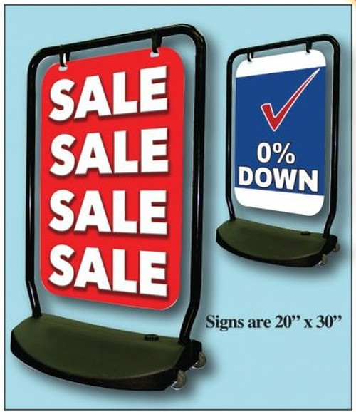 Double-sided swing sidewalk sign examples with wheeled water-fillable bases