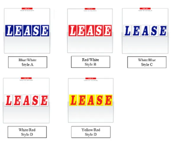 LEASE under-hood sign sets shown in five color combinations