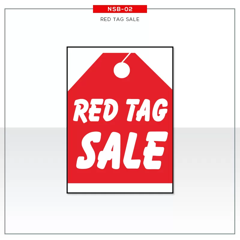 Red tag-shaped graphic with white Red Tag Sale lettering, NSB02