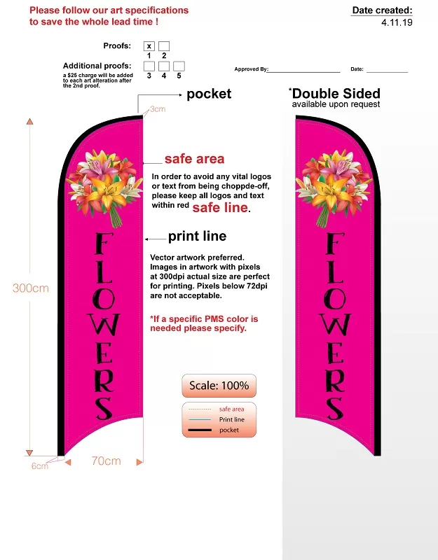 Custom flowers med double sided feather flag kit includes flag, flagpole, tire base, & carry case