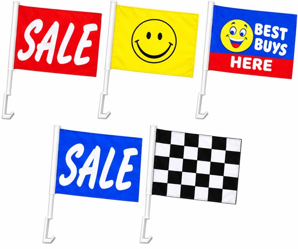 Examples of Sale, Happy Face, Best Buys Here and checkered clip-on car window flag designs
