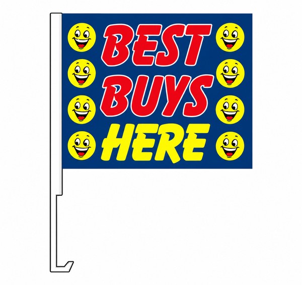 Blue Best Buys Here car window flag with smiley faces and clip-on staff