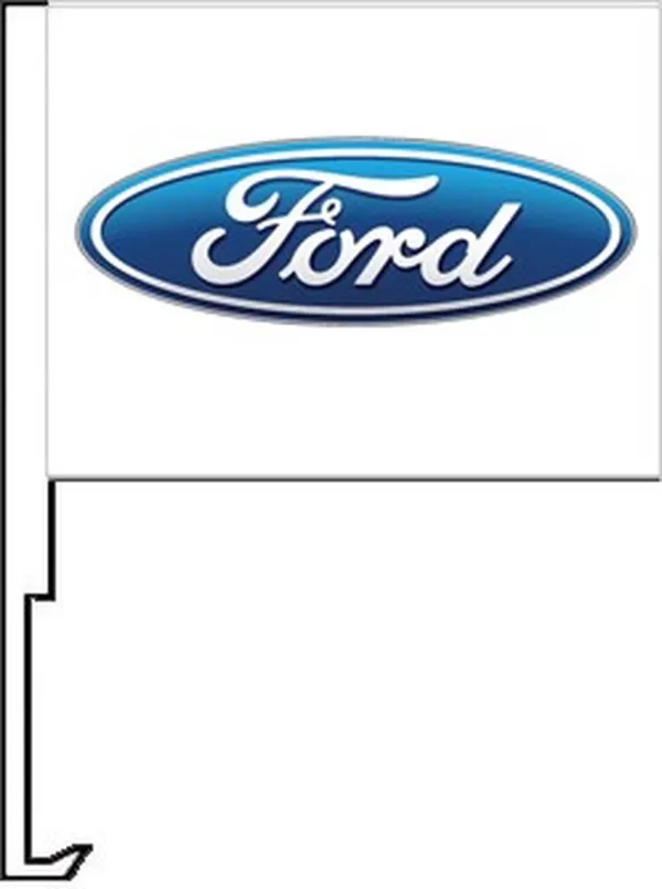 Ford oval logo on a white flag with a car window clip-on staff