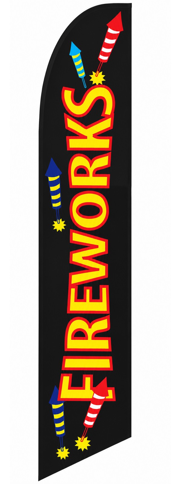 Black Fireworks feather flag with red and yellow lettering and colorful rocket graphics