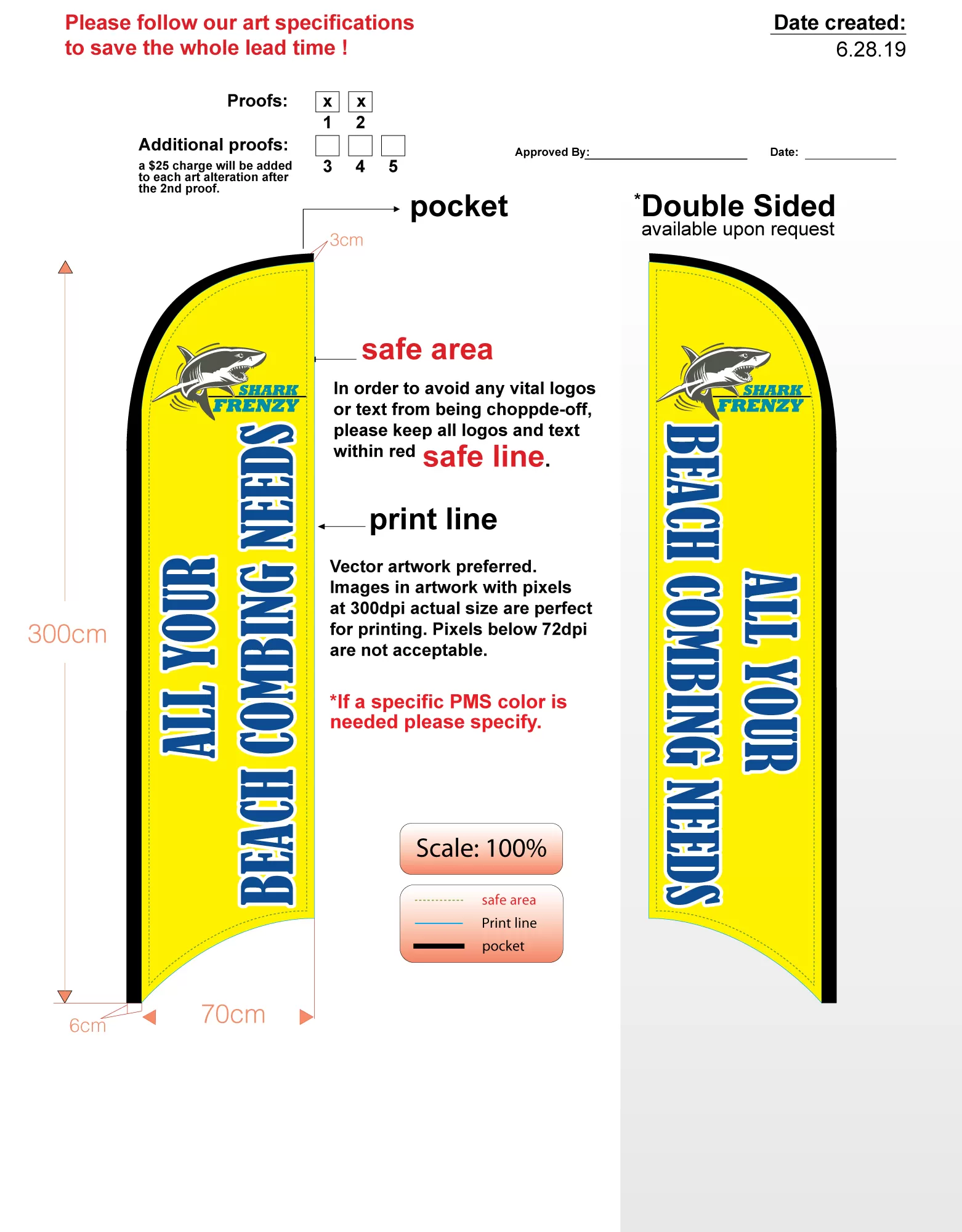Custom Beach Combing Sharks Med Double-sided Feather Flag Kit Includes Flag, Flagpole, Mounting-base, & Carry-case