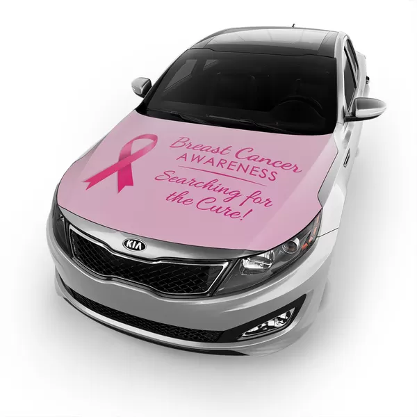 Pink hood cover with a ribbon and Breast Cancer Awareness Searching for the Cure message