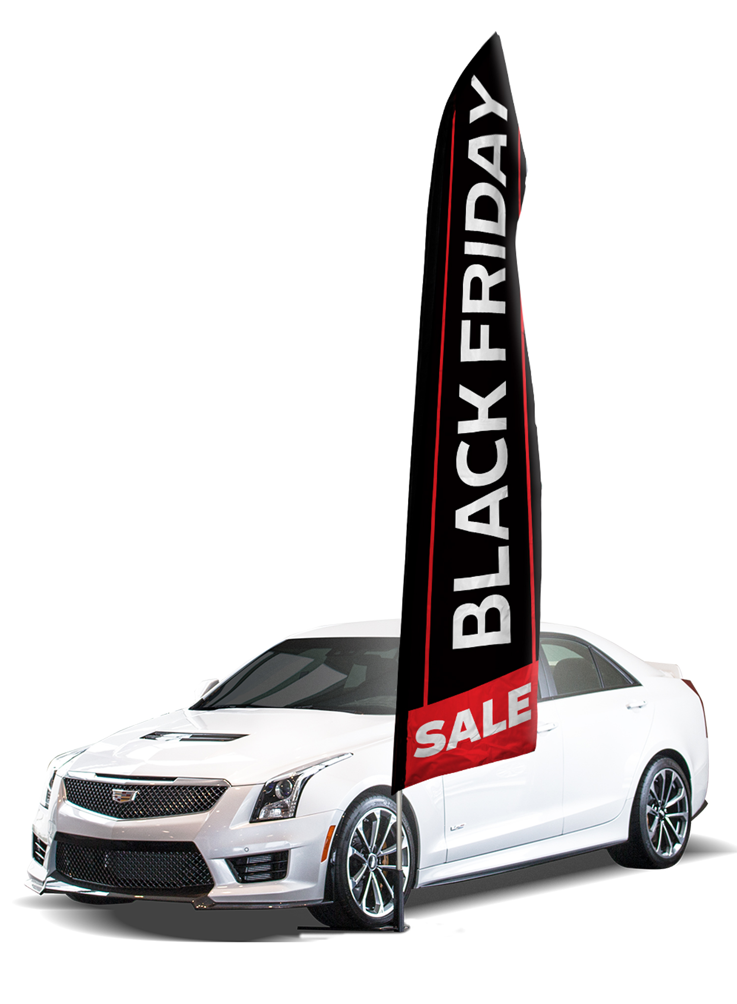Custom black Black Friday swooper flag with white lettering and a red SALE panel beside a car