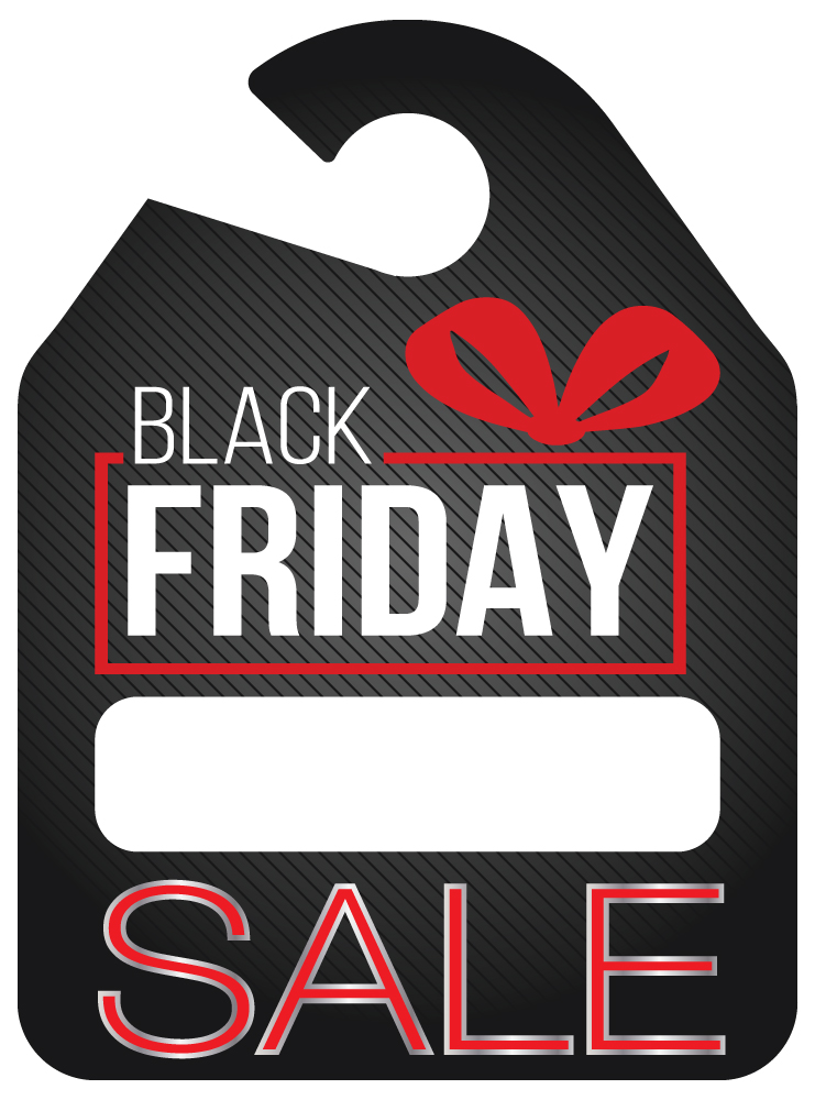 Black Friday Sale rearview mirror hang tag with red bow artwork and a blank white price box