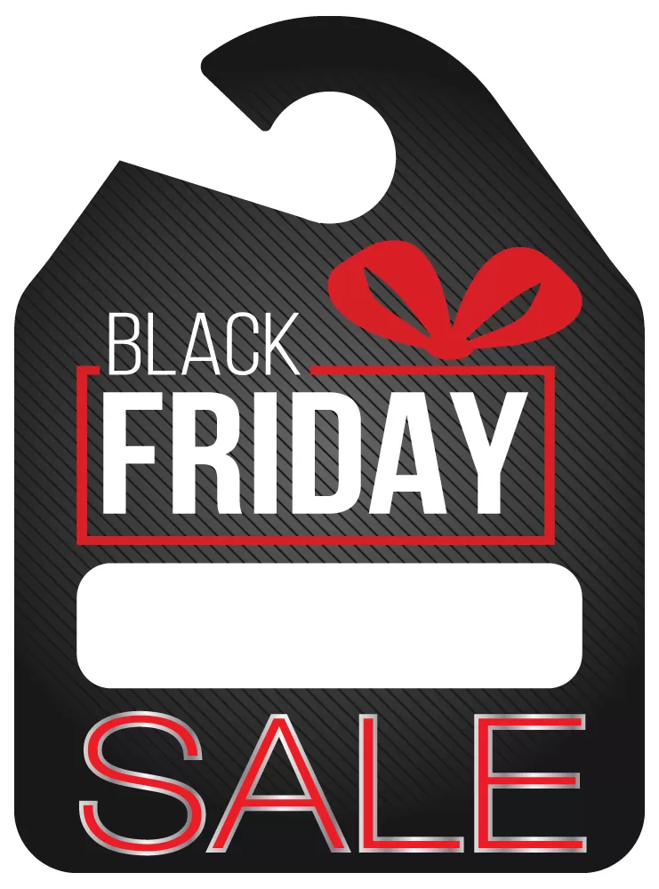 Black Friday Sale rearview mirror hang tag with red bow artwork and a blank white price box