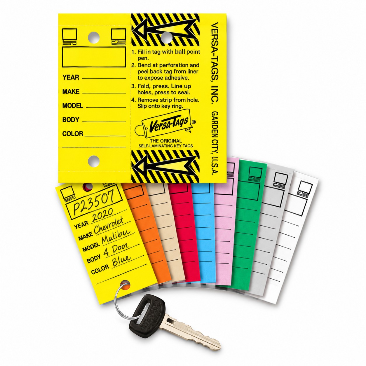 Assorted colored Versa-Tag self-laminating vehicle key tags with write-on fields