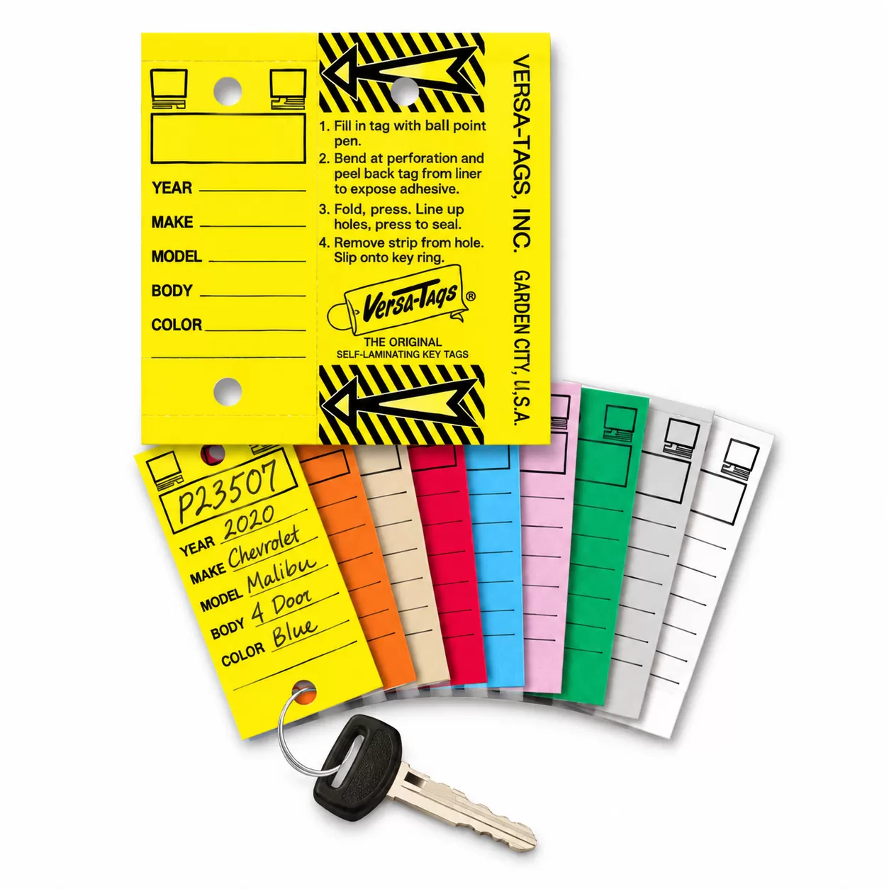 Assorted colored Versa-Tag self-laminating vehicle key tags with write-on fields
