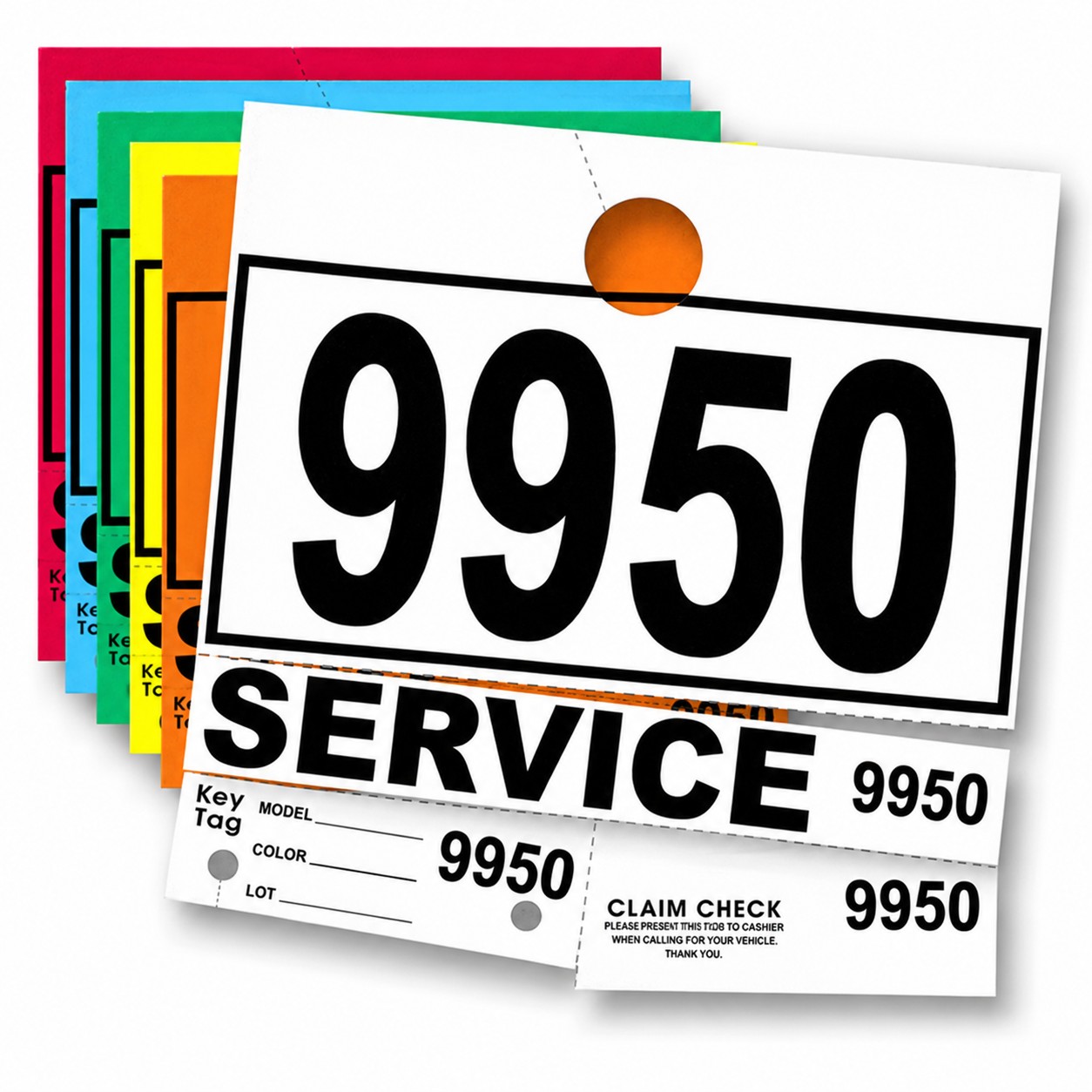 Numbered service mirror hang tags with detachable key tags and customer claim checks