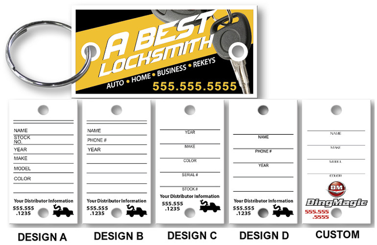 Examples of custom printed white 209CD key tags with company logos and vehicle information layouts