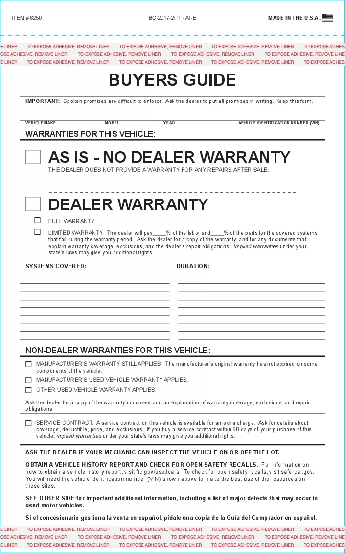 As-Is Buyers Guide form 8250, 2017 revision, with vehicle and warranty information fields