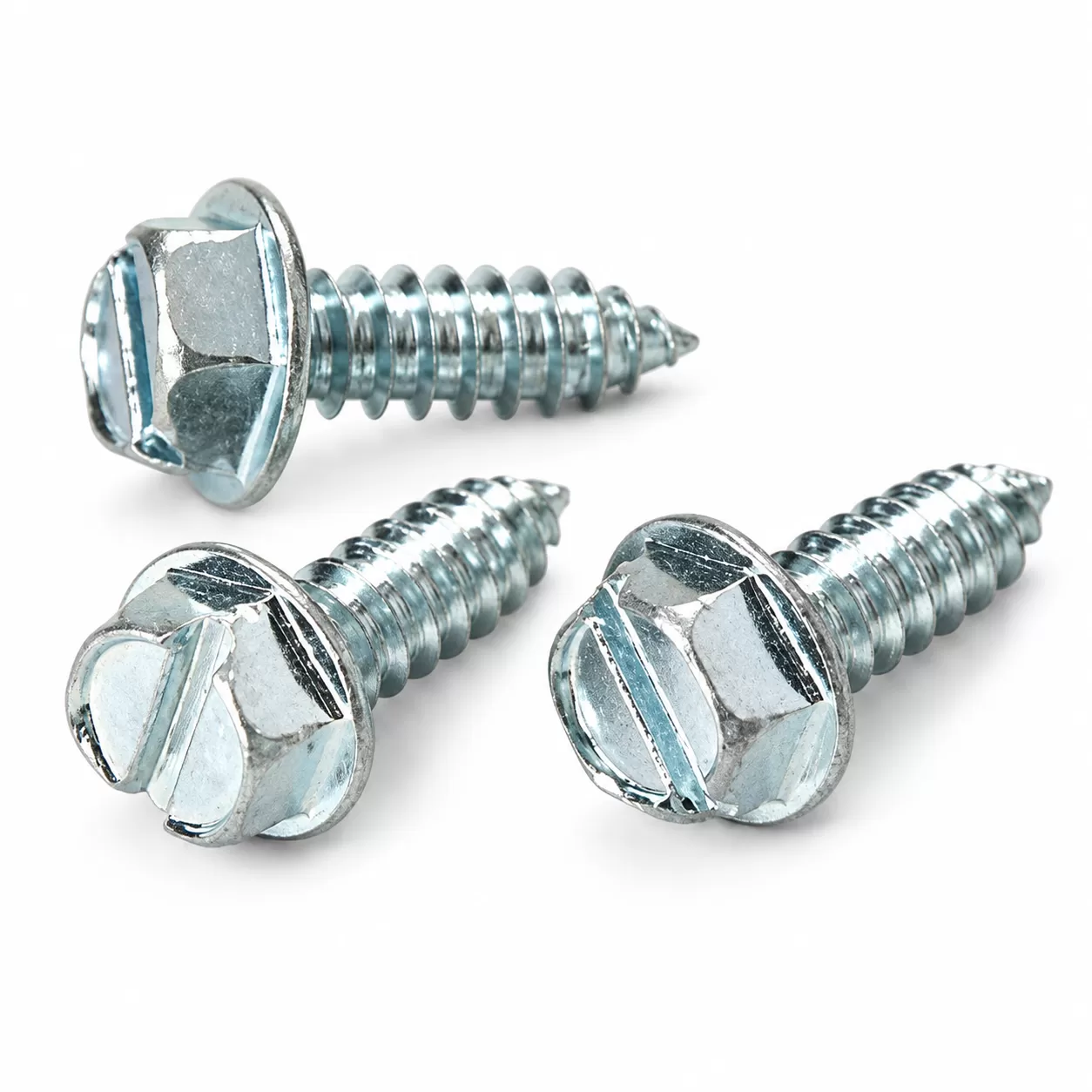 Three zinc-plated license plate screws with slotted hex heads
