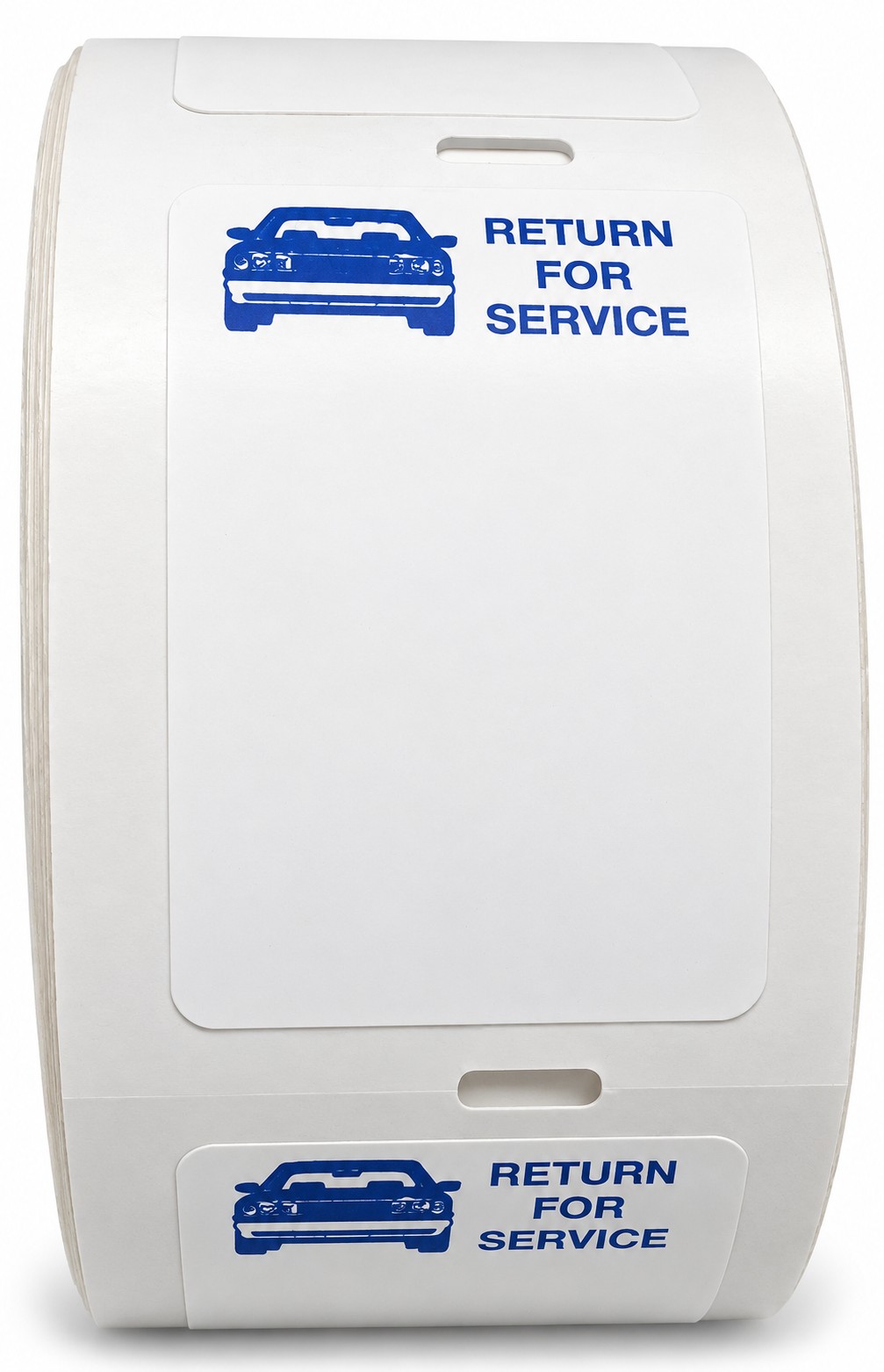 Roll of white labels with blue car and Return For Service heading
