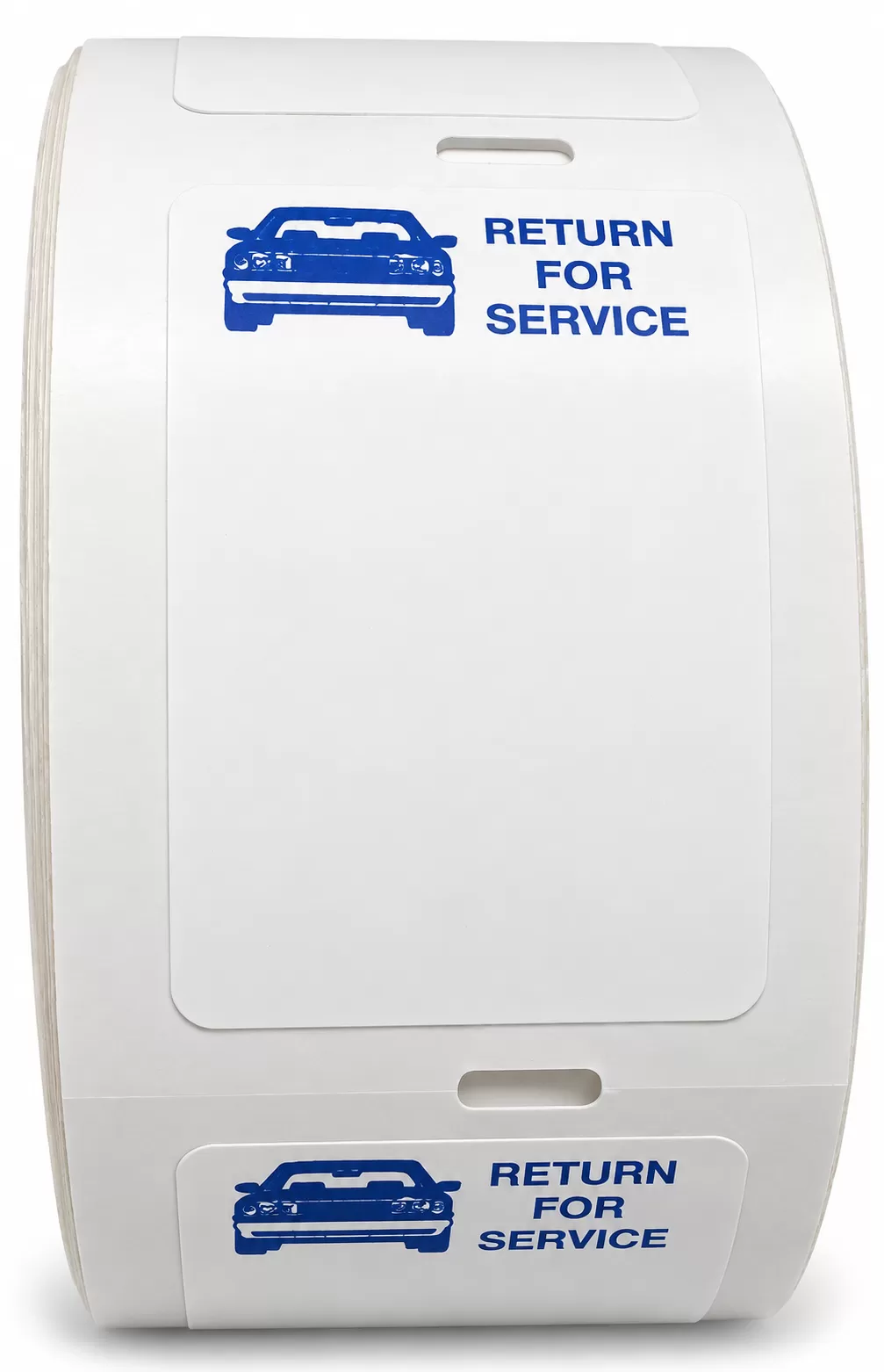 Roll of white labels with blue car and Return For Service heading