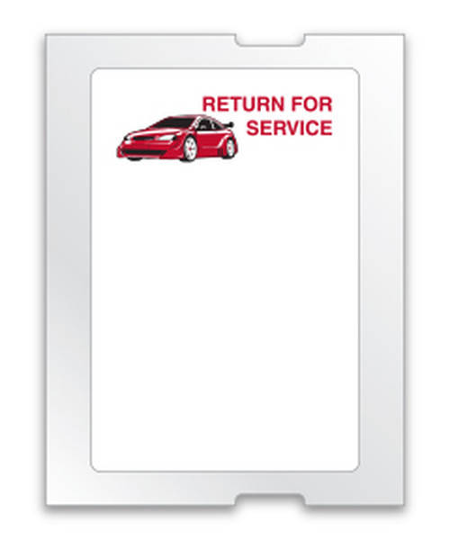 White service reminder label with red car and Return For Service heading