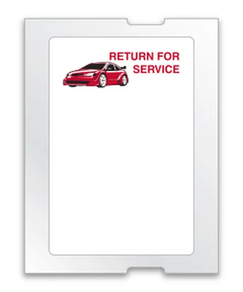 White service reminder label with red car and Return For Service heading