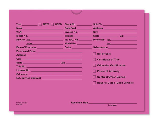 Fuchsia dealer record envelope with printed vehicle information fields