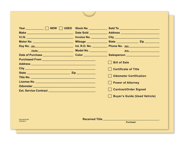 Buff dealer record envelope with printed vehicle information fields