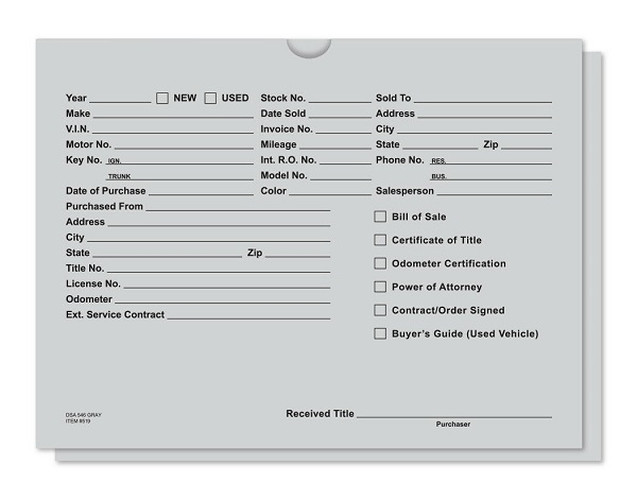 Gray dealer record envelope with printed vehicle information fields