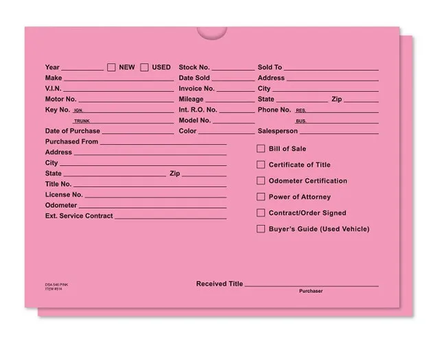 Pink dealer record envelope with printed vehicle information fields