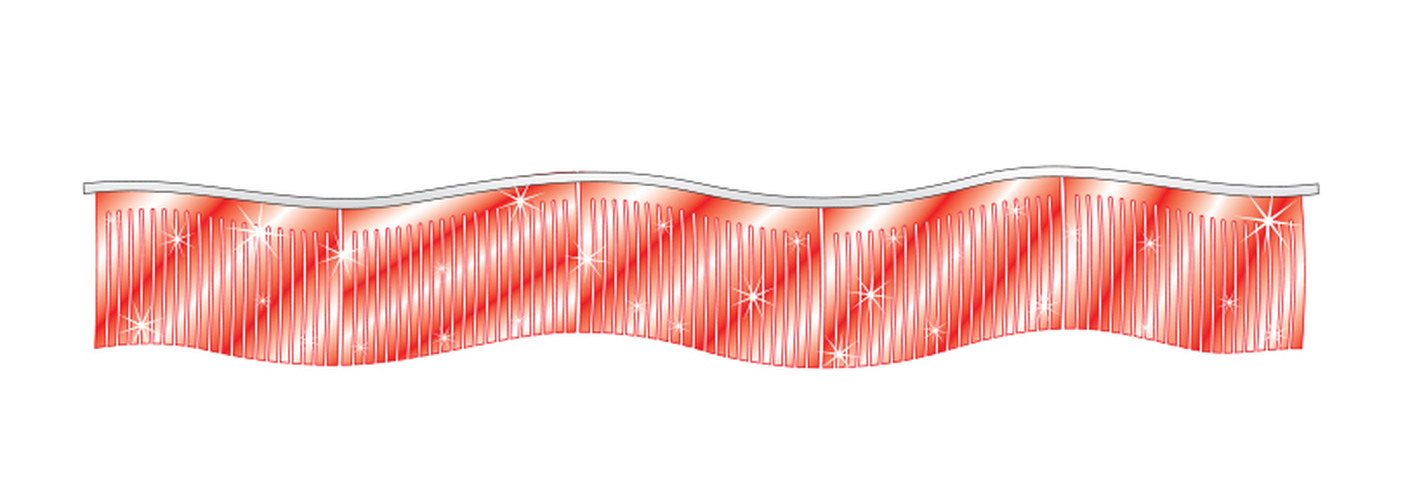 Red metallic fringe streamer with narrow reflective strips hanging from a rope