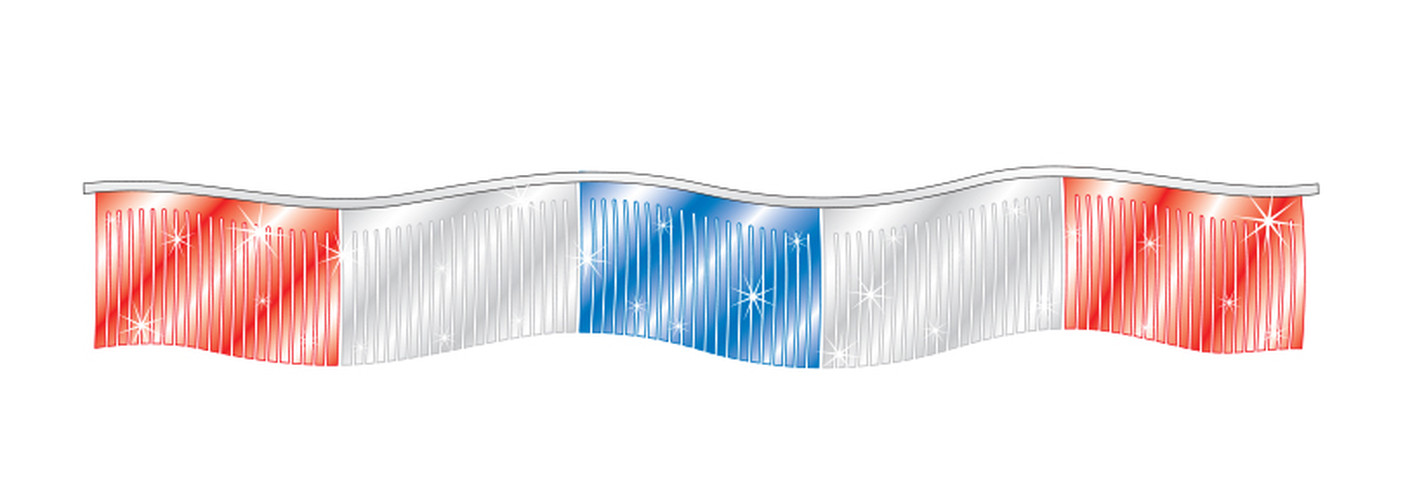 Red, Silver and Blue metallic fringe streamer with narrow reflective strips hanging from a rope
