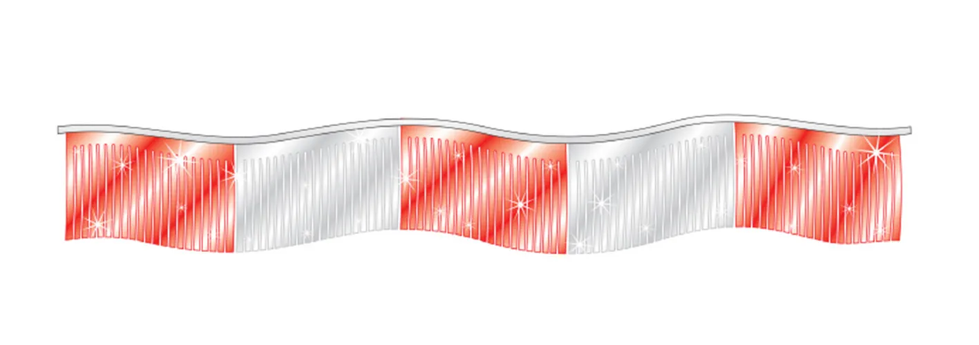 Red and Silver metallic fringe streamer with narrow reflective strips hanging from a rope