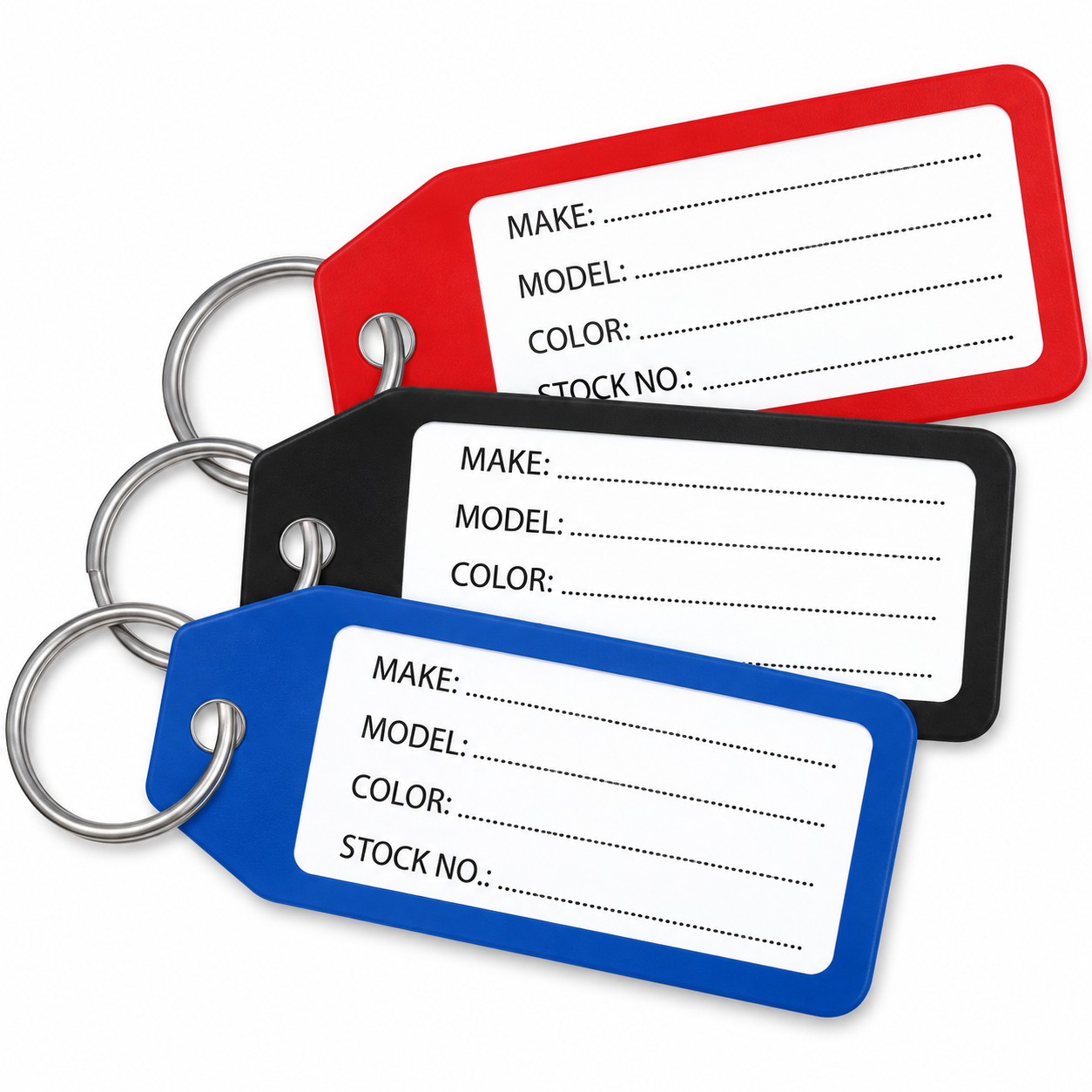 Red, black and blue 4250 plastic key tags with metal rings and white vehicle information labels