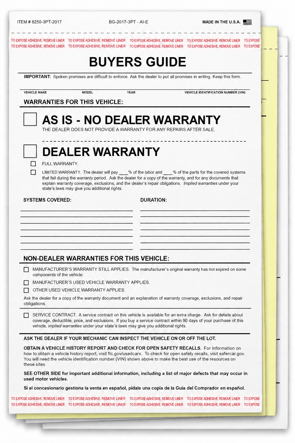 Three-part plain As-Is Buyers Guide forms, model 8250-3PT-2017