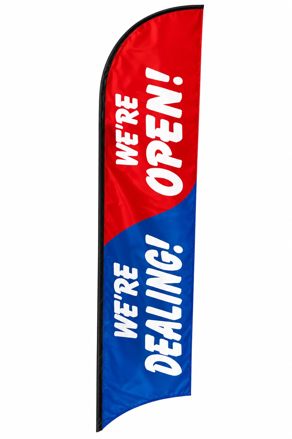 Red and blue feather flag with white We Are Open and We Are Dealing lettering