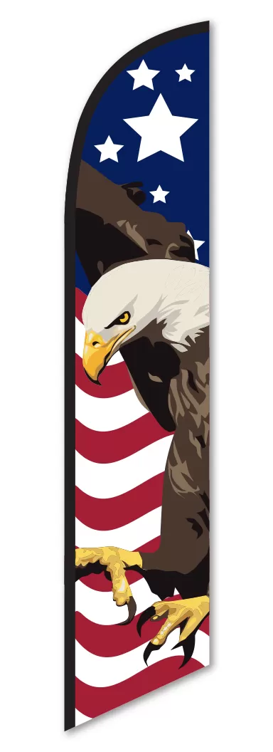 Patriotic windless feather flag with a bald eagle, white stars and red and white stripes