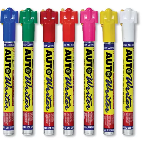 Seven Auto Writer windshield markers with colored non-roll caps on a white background
