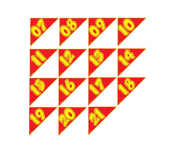 Red triangular windshield model-year stickers with yellow two-digit numbers