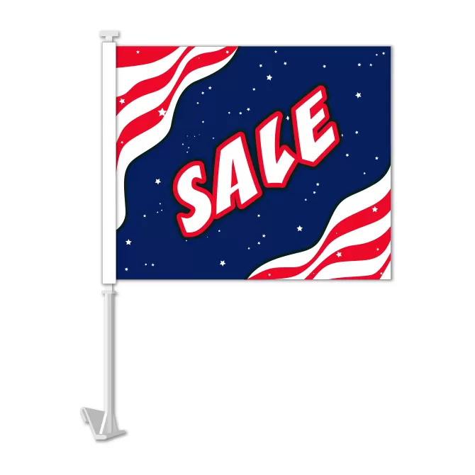 Patriotic SALE car window flag with blue star field, red and white stripes and white clip-on staff