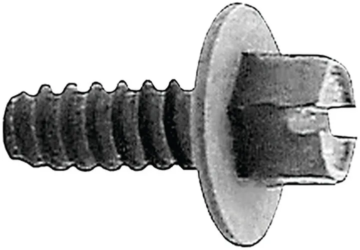 Slotted hex washer-head license plate screw shown from the side