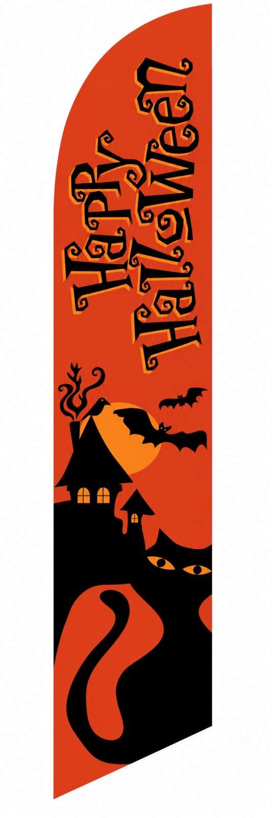Orange Happy Halloween feather flag with black lettering, bats, haunted house and black cat design
