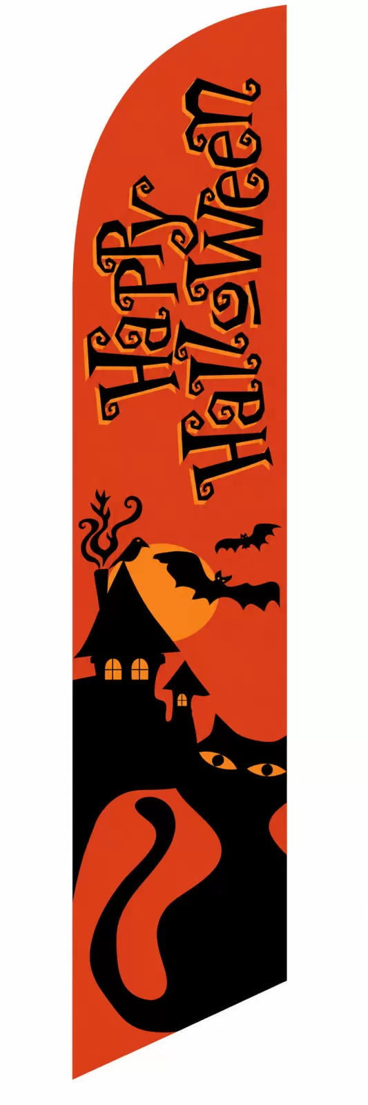 Orange Happy Halloween feather flag with black lettering, bats, haunted house and black cat design