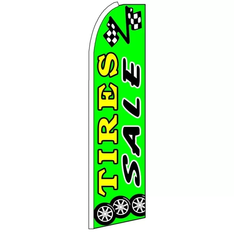 Green Tires Sale King Size feather flag with yellow lettering and tire graphics, SF-K493