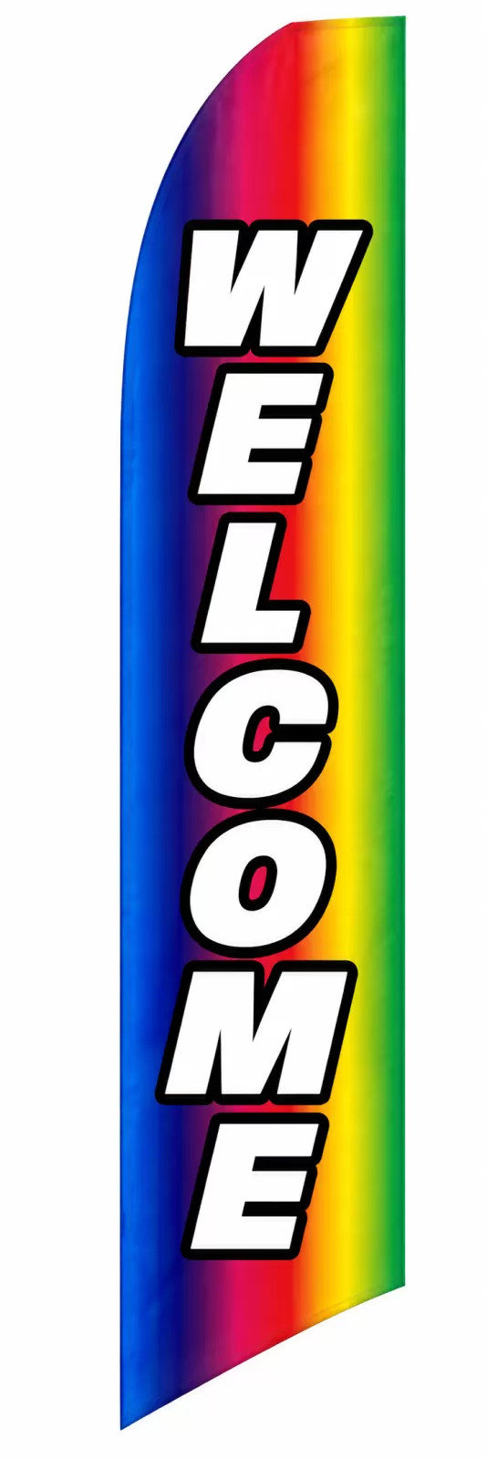 Rainbow swooper feather flag with vertically stacked white Welcome letters outlined in black