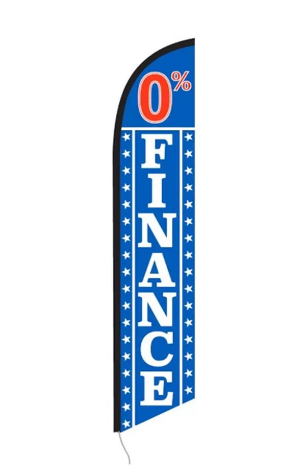 Blue 0 Percent Finance feather flag with white lettering and stars, SF2384