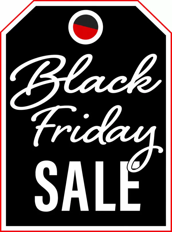White script Black Friday lettering above a bold SALE message on a black mirror hang tag