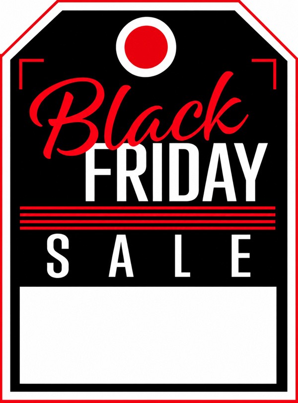 Black Friday Sale mirror hang tag with red script lettering and a large blank white price box