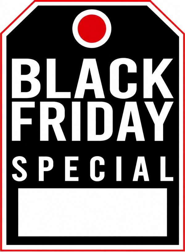 Black Friday Special mirror hang tag with bold white lettering and a blank white price box