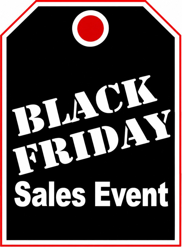 Black Friday Sales Event mirror hang tag with angled white lettering on a black background