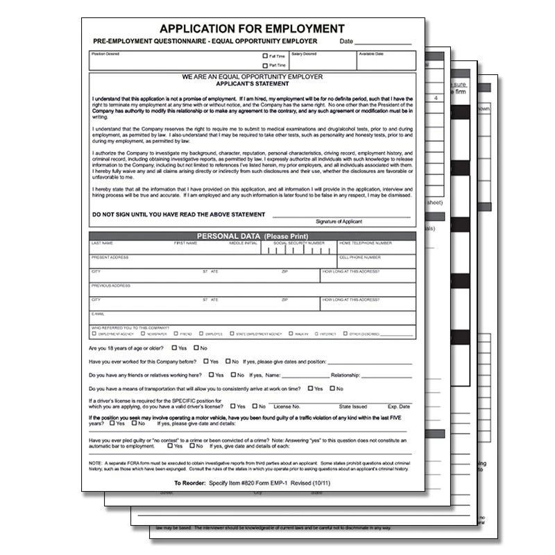 Four-page application for employment form #820 folded for filing