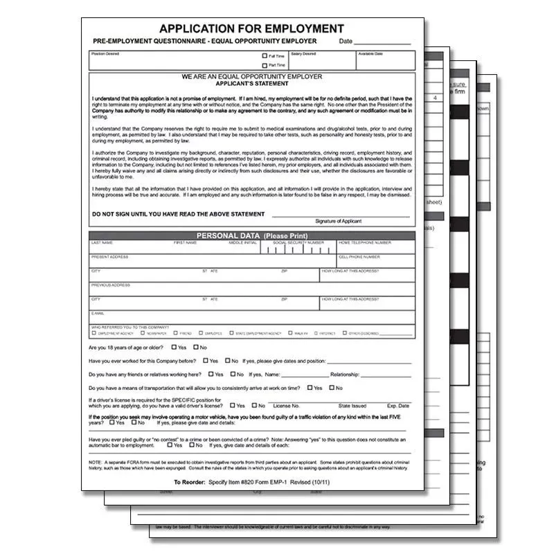 Four-page application for employment form #820 folded for filing
